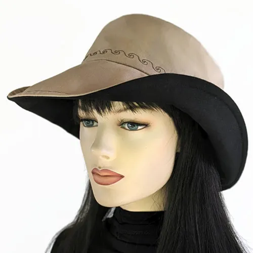 100-a Extra large bucket brim Sunblocker in neutral color with black trim, adjustable fit