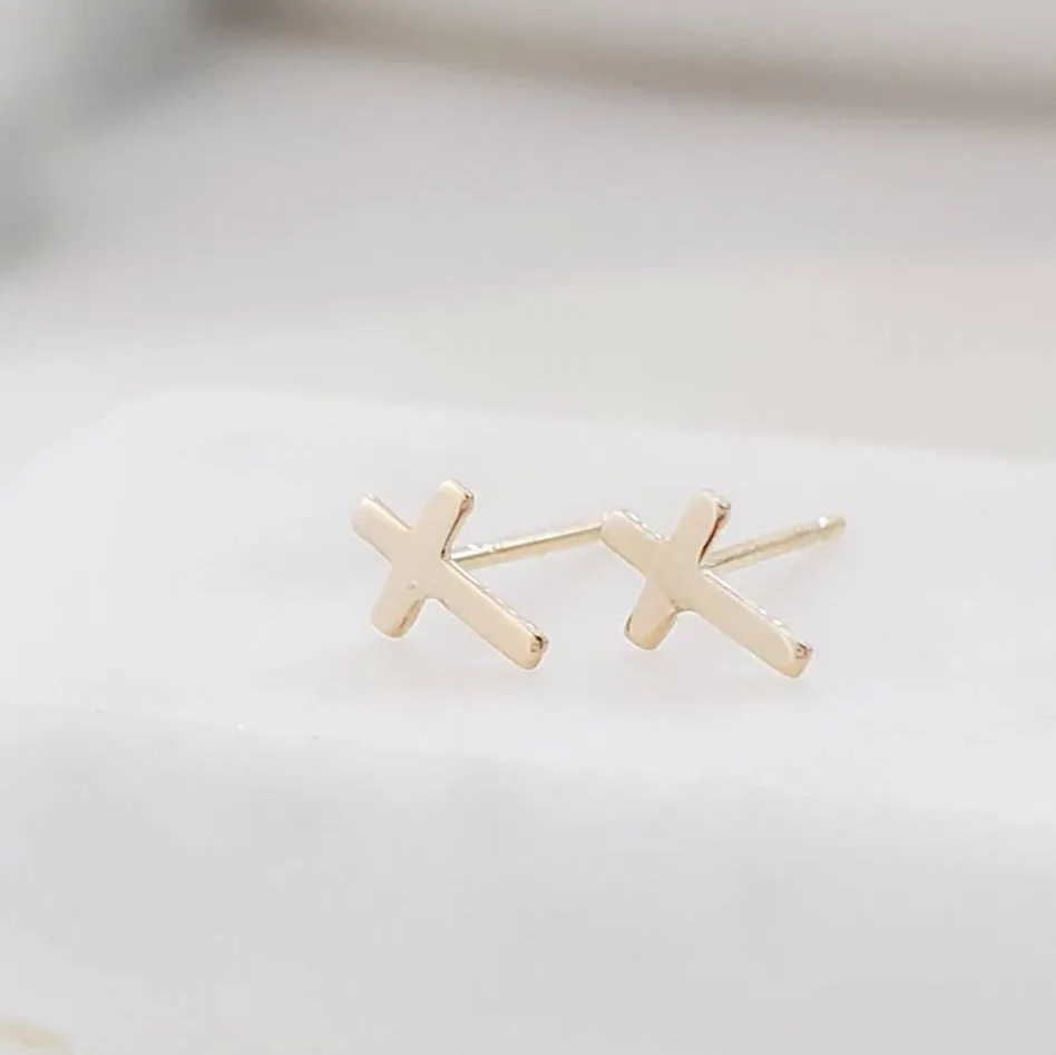 14k Gold Tiny Cross Earrings