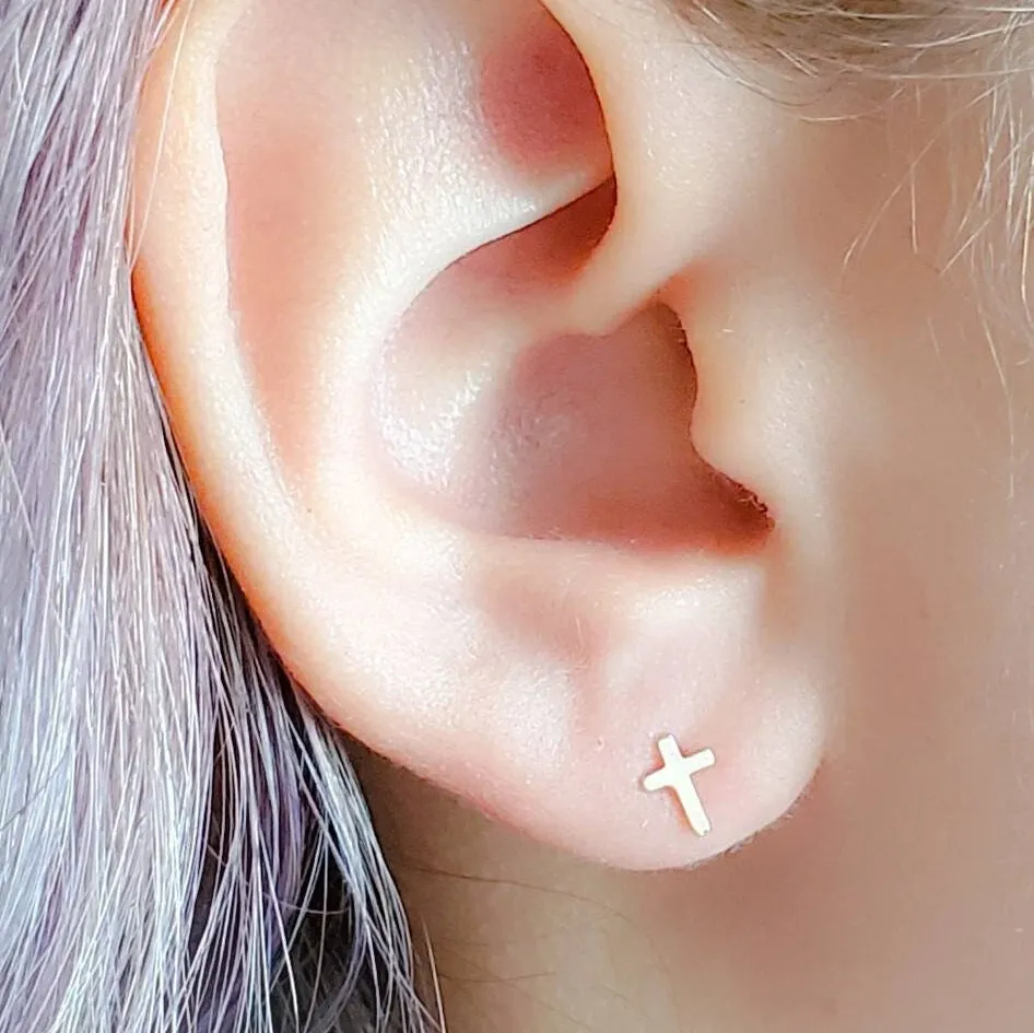 14k Gold Tiny Cross Earrings