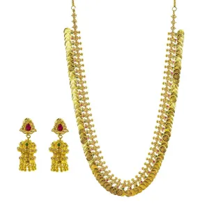 22K Yellow Gold Uncut Diamond Laxmi Necklace & Earrings Set W/ 14.15 ct Uncut Diamonds, Emeralds & Rubies