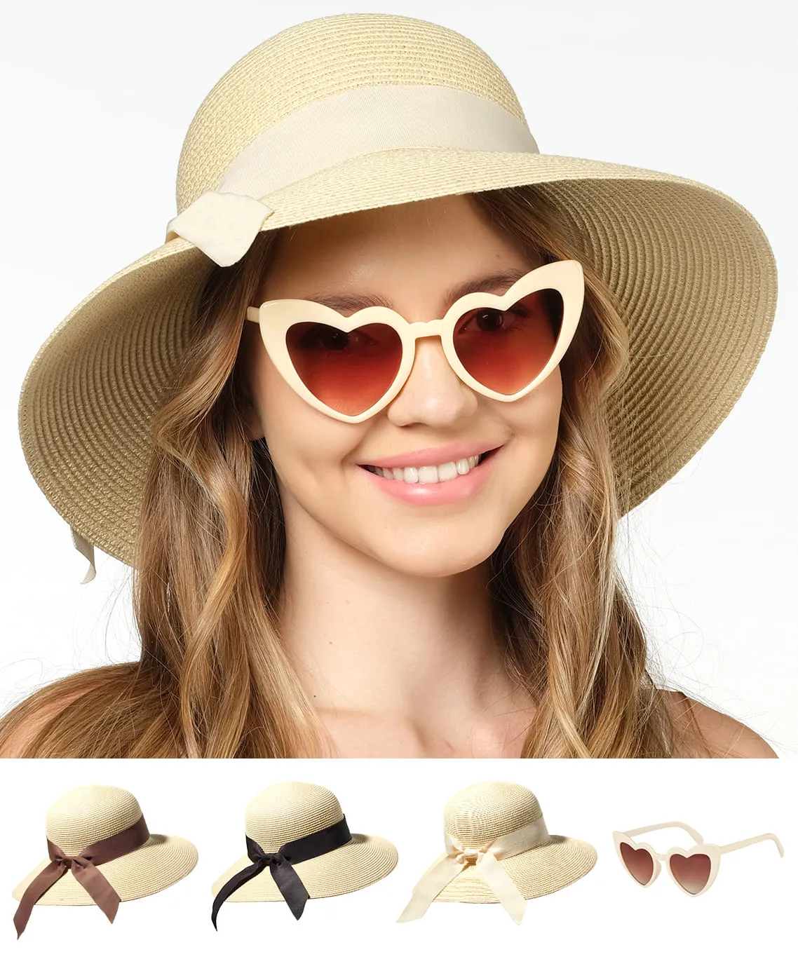 Beach Hats for Women - Panama Straw Sun Hat with Heart Shape Glasses - Summer Fedora Packable Travel Hat UV Protection UPF 50  (Beige) - FUNCREDIBLE