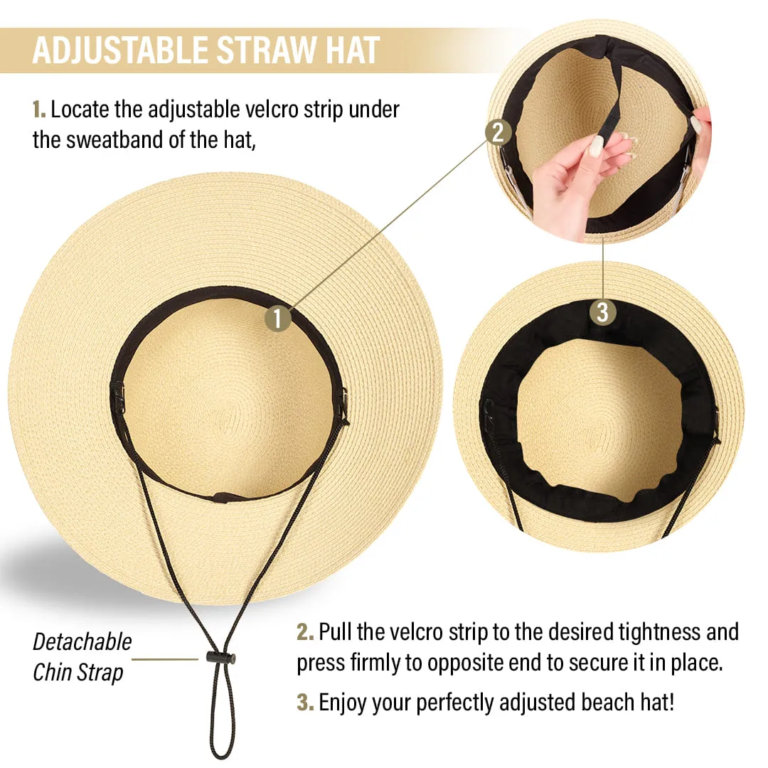 Beach Hats for Women - Panama Straw Sun Hat with Heart Shape Glasses - Summer Fedora Packable Travel Hat UV Protection UPF 50  (Beige) - FUNCREDIBLE