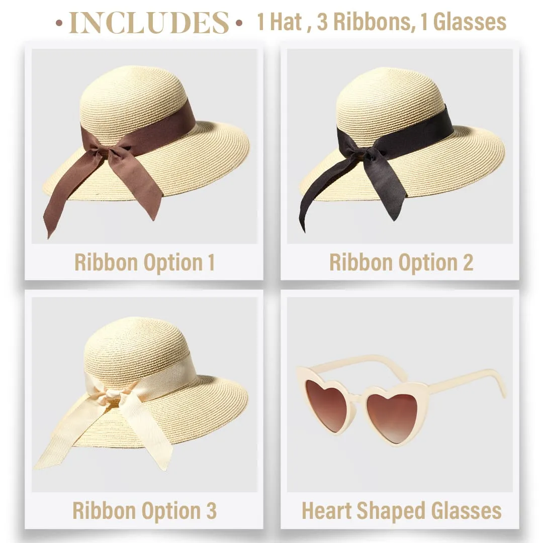 Beach Hats for Women - Panama Straw Sun Hat with Heart Shape Glasses - Summer Fedora Packable Travel Hat UV Protection UPF 50  (Beige) - FUNCREDIBLE