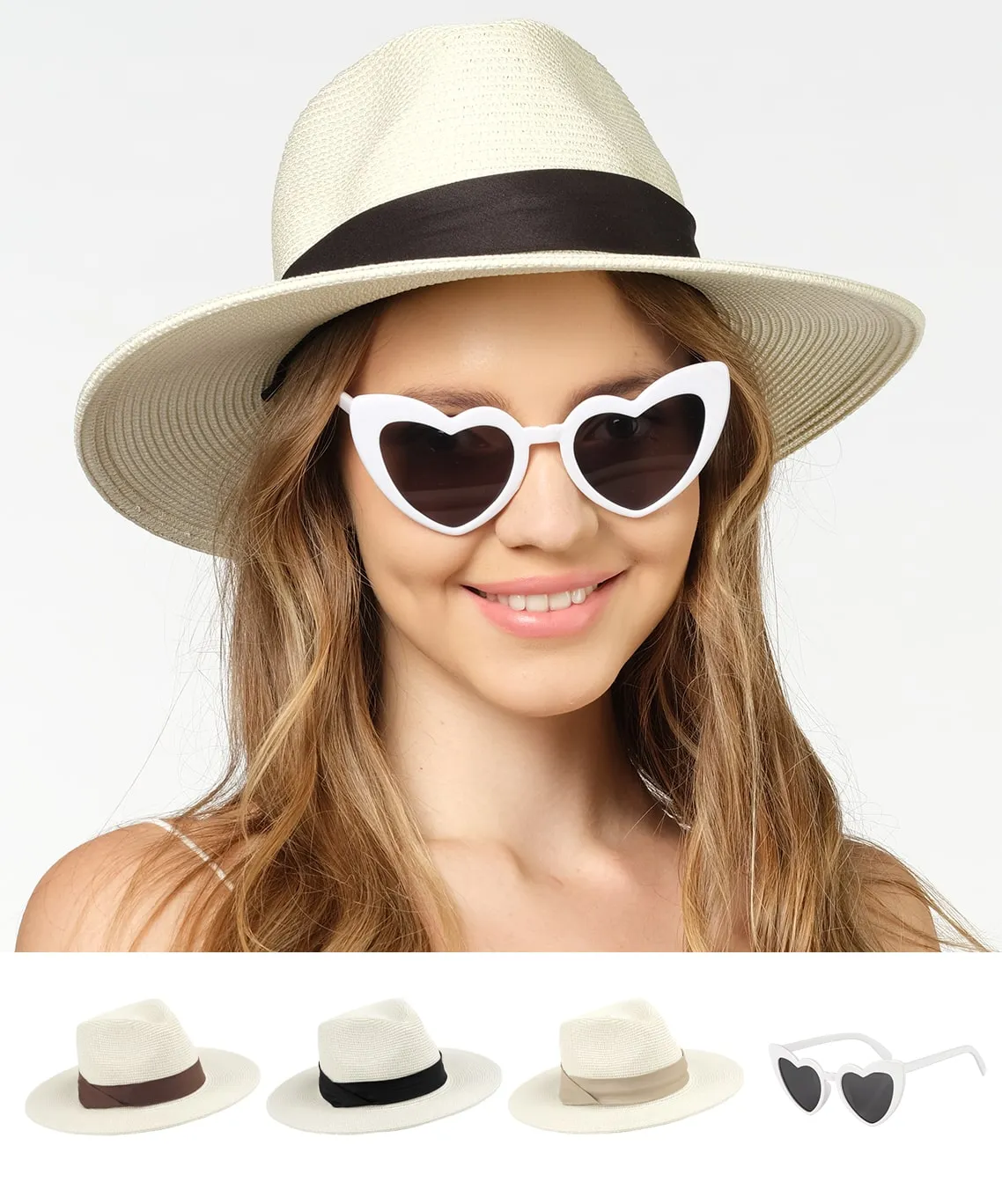 Beach Hats for Women - Panama Straw Sun Hat with Heart Shape Glasses - Summer Fedora Packable Travel Hat UV Protection UPF 50  (Ivory) - FUNCREDIBLE