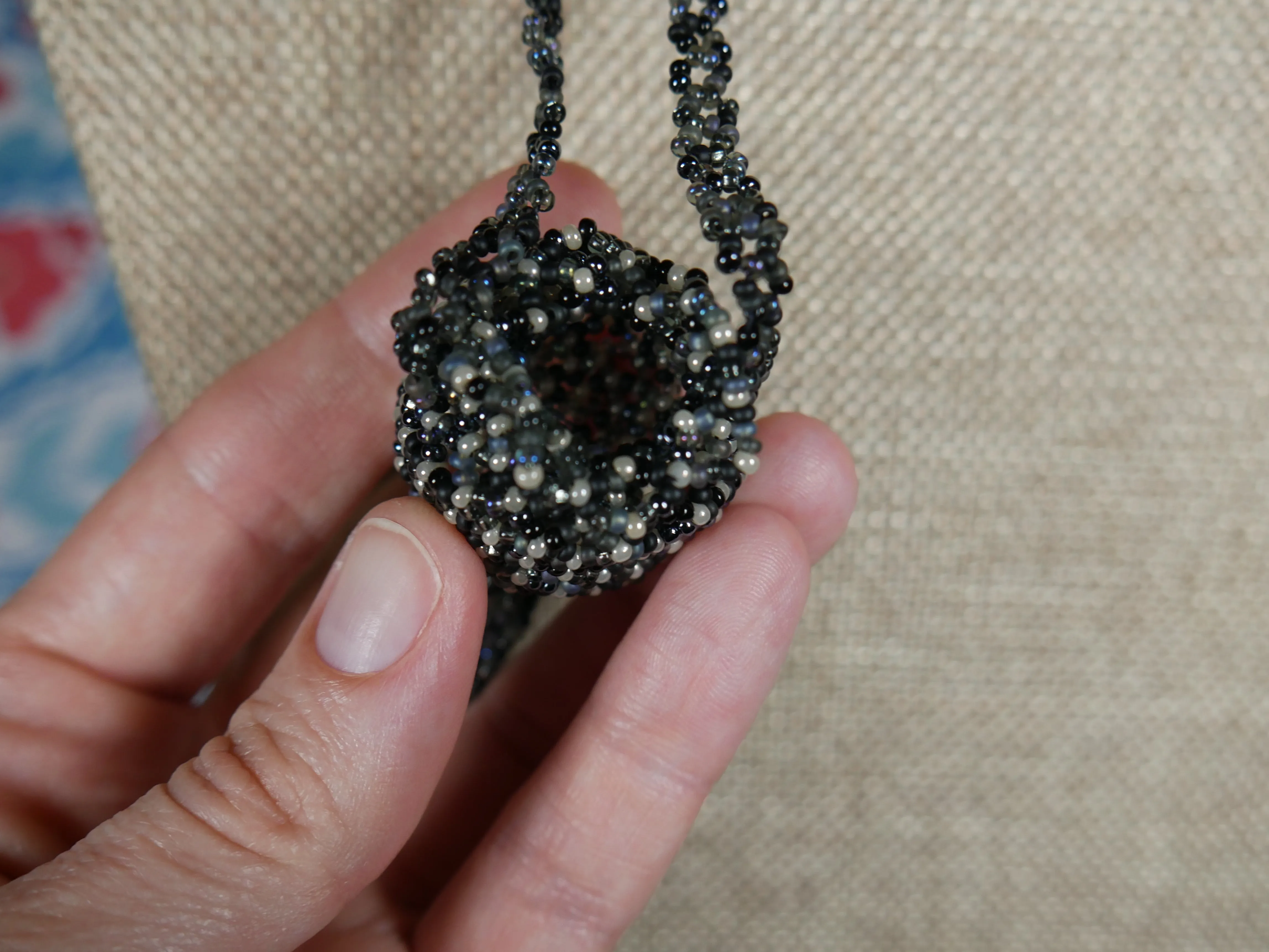 Beaded Black and Grey Woven Basket Necklace