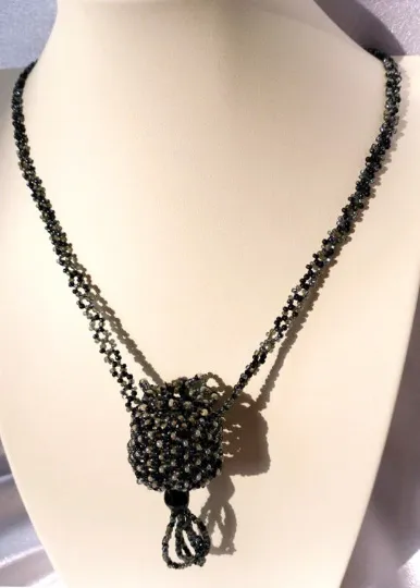 Beaded Black and Grey Woven Basket Necklace