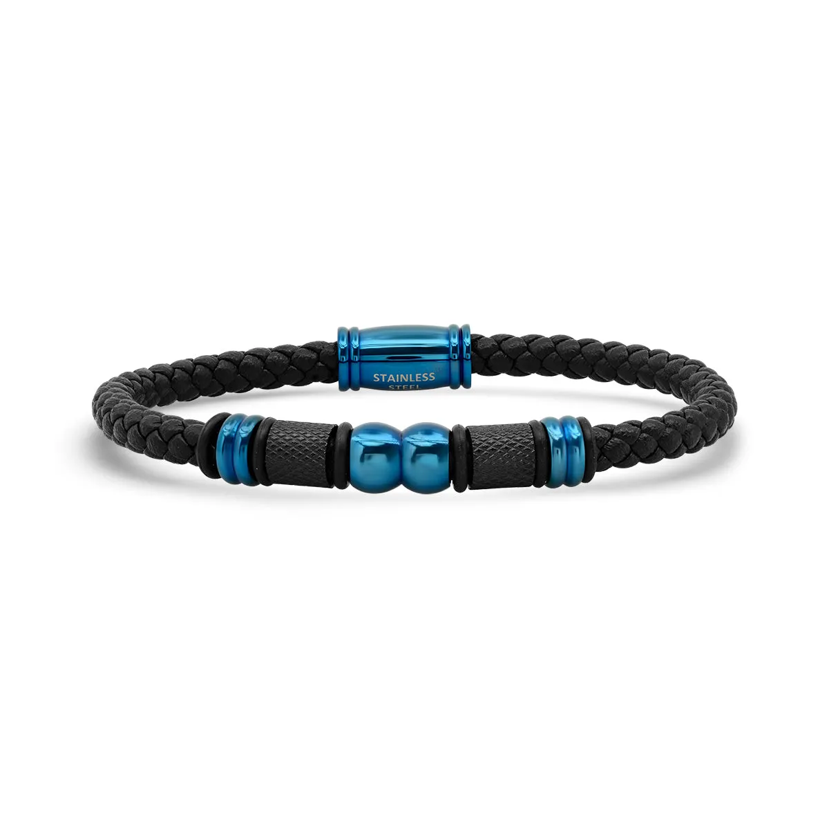 Blue Ion Plated Braided Leather Bracelet