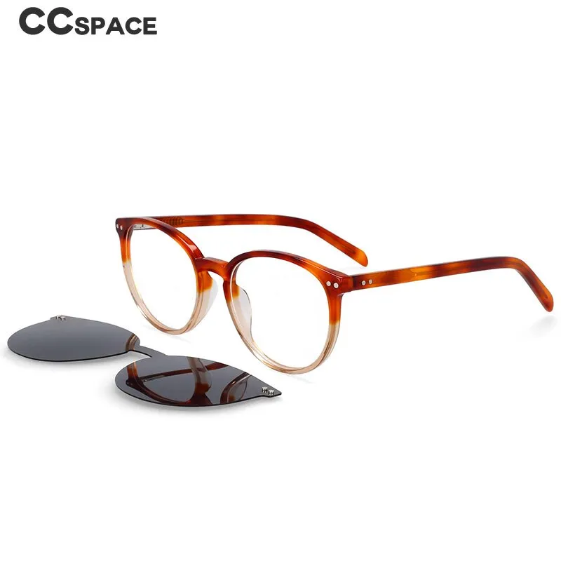 CCspace Unisex Full Rim Round Cat Eye Acetate Frame Eyeglasses Clip On Sunglasses 54331