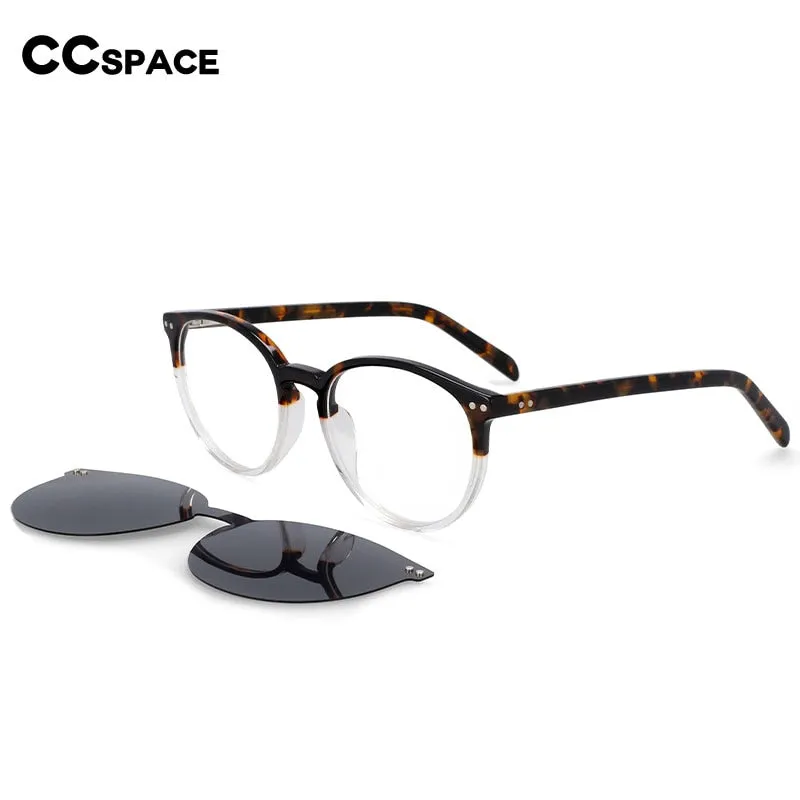 CCspace Unisex Full Rim Round Cat Eye Acetate Frame Eyeglasses Clip On Sunglasses 54331