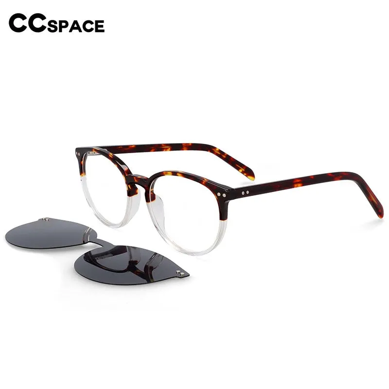 CCspace Unisex Full Rim Round Cat Eye Acetate Frame Eyeglasses Clip On Sunglasses 54331