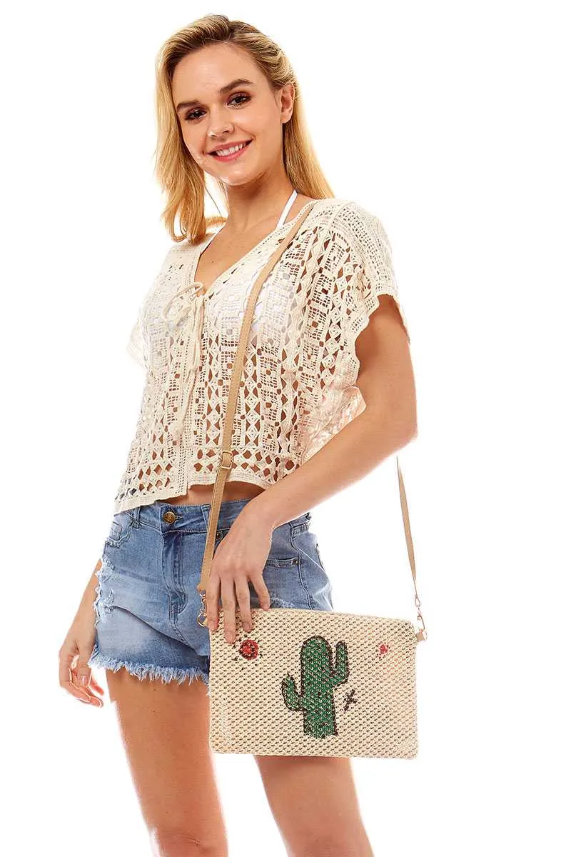 Cute Desert Cactus And Sun Print Straw Pouch Crossbody Bag