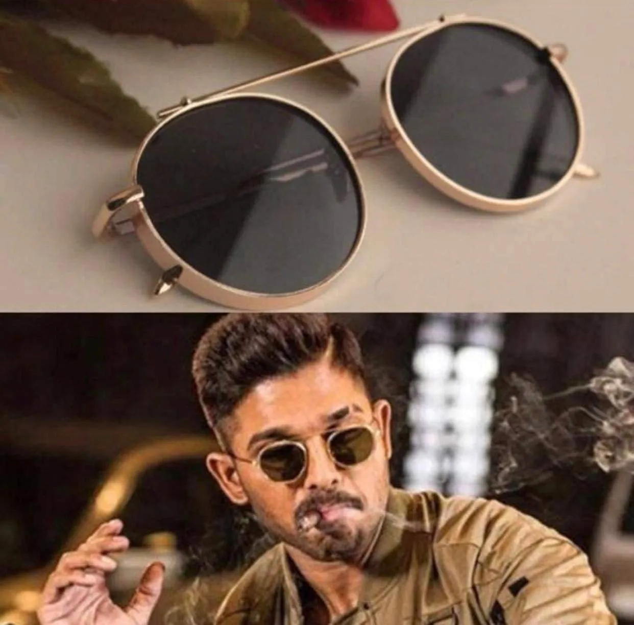 ELEGANTE Brow Bar Unisex Round Inspired From Allu Arjun Polarization Sunglasses For Men And Women (Gold-Dark Grey) - Pack Of 1