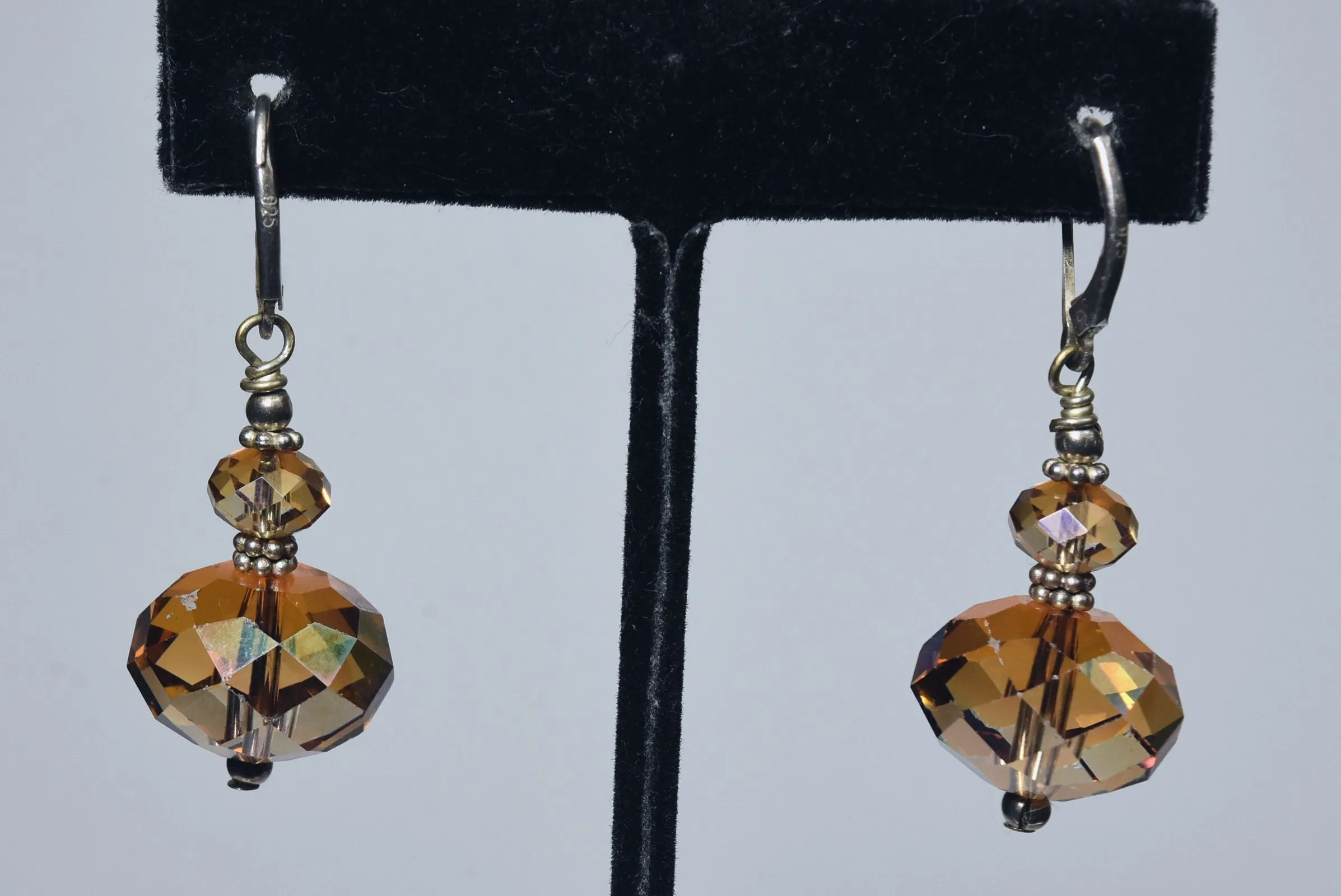 Faceted Iridescent Amber Glass Bead Sterling Silver Earrings