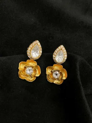 Floral Matte Gold White Ad Stone Stud Earring