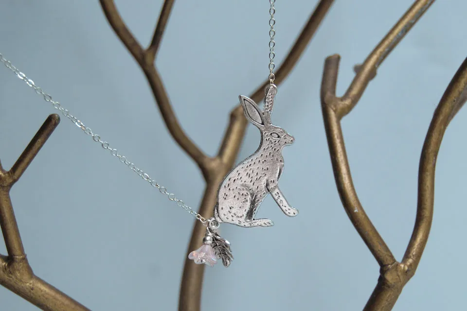 Forest Rabbit Necklace | Large Silver Rabbit Pendant | Cute Bunny Necklace