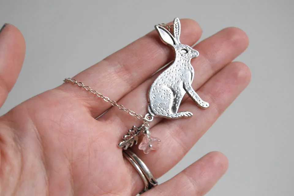 Forest Rabbit Necklace | Large Silver Rabbit Pendant | Cute Bunny Necklace