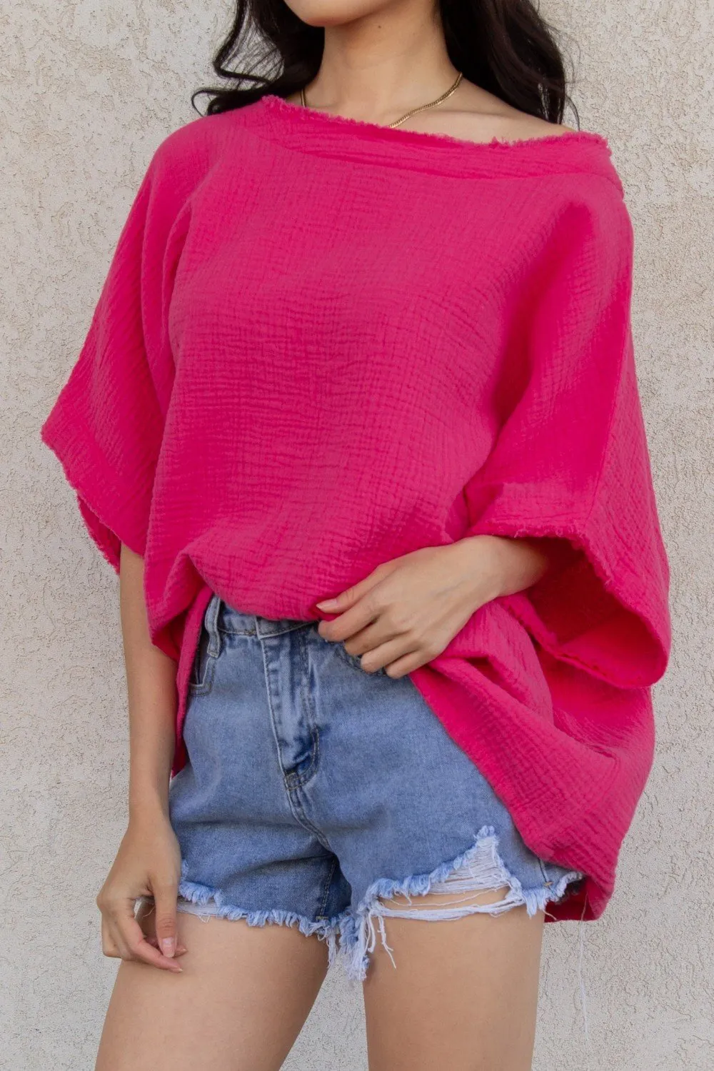 Gauze raw edge poncho top