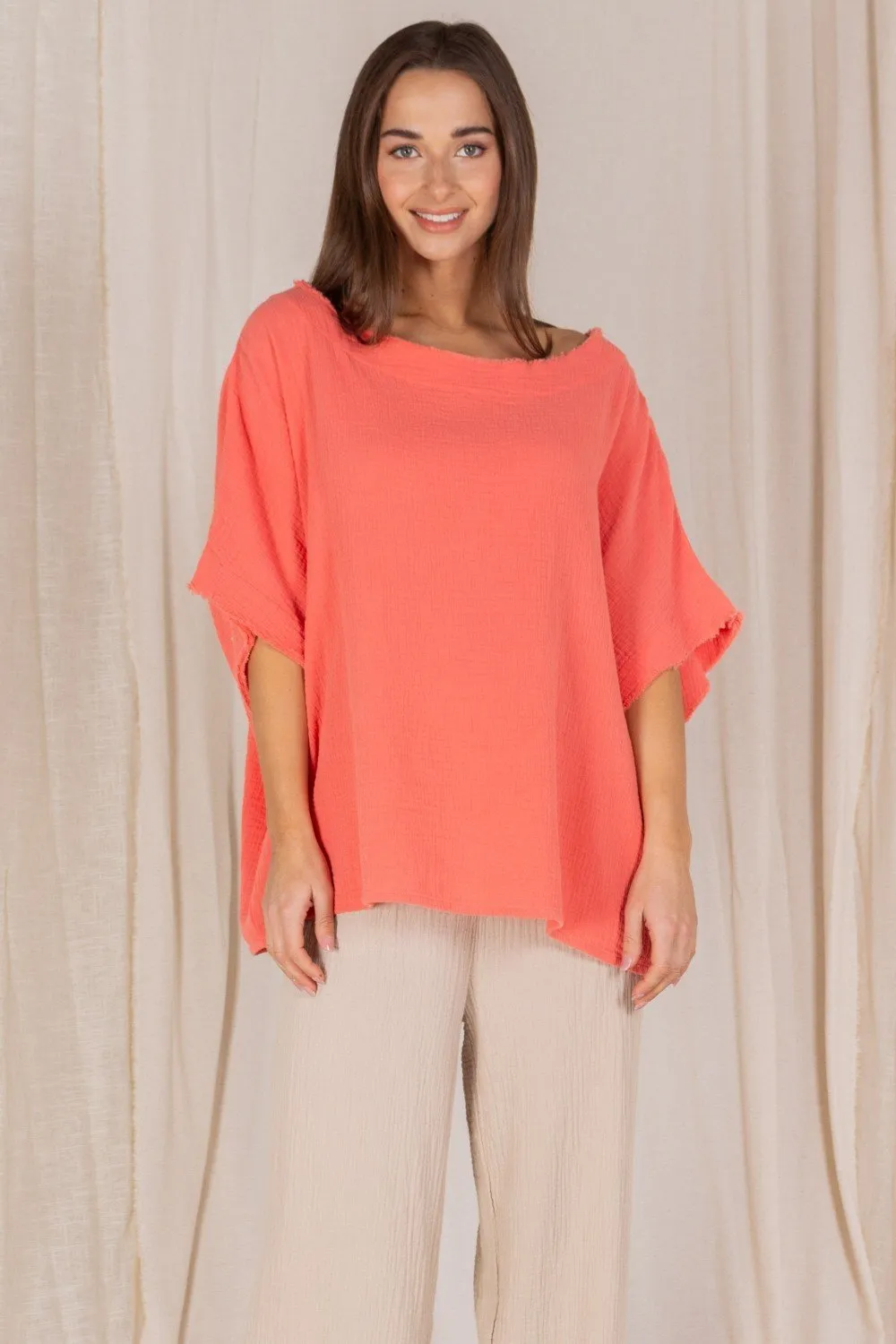 Gauze raw edge poncho top