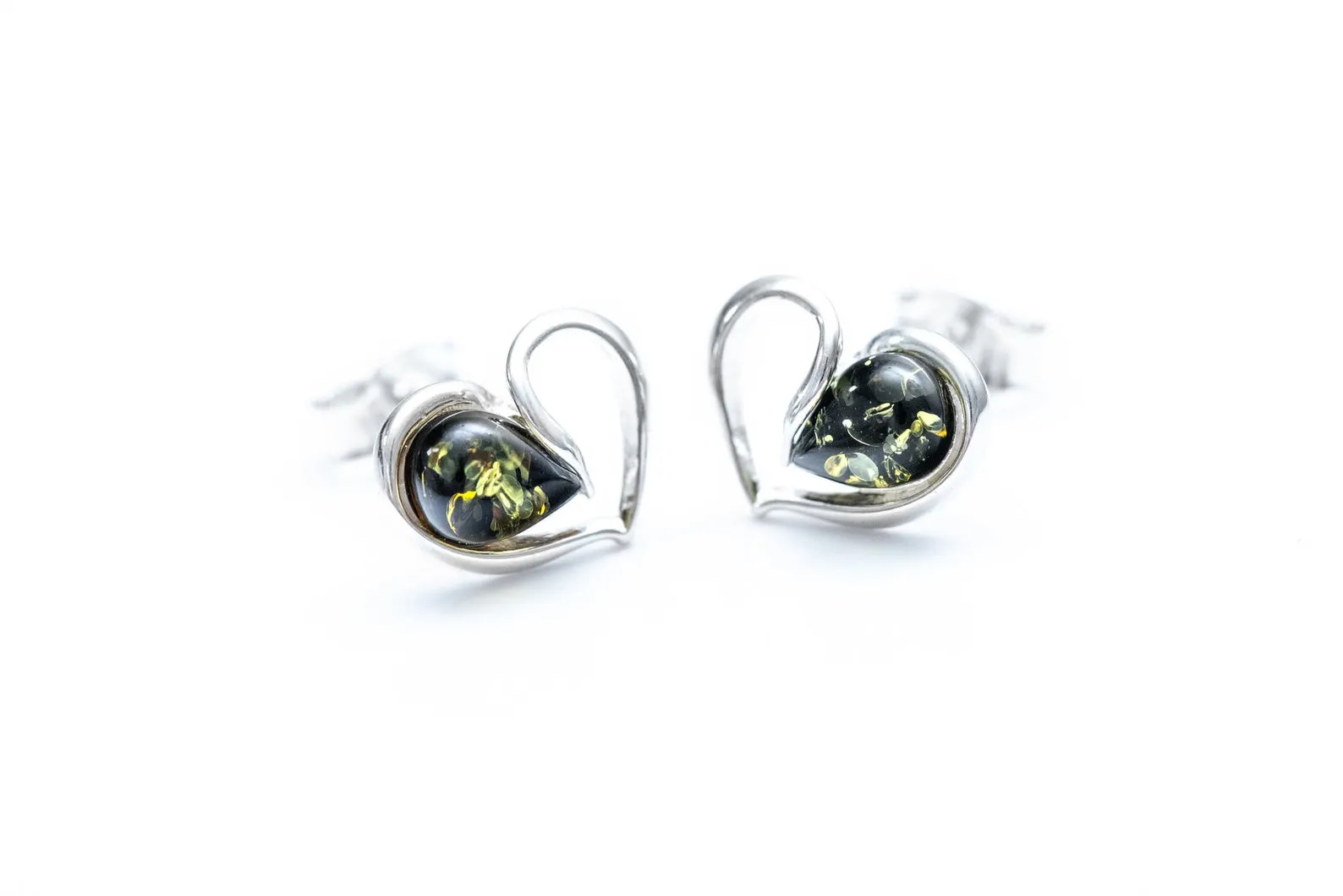 Green Amber Heart Stud Earrings