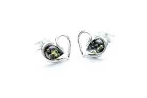 Green Amber Heart Stud Earrings