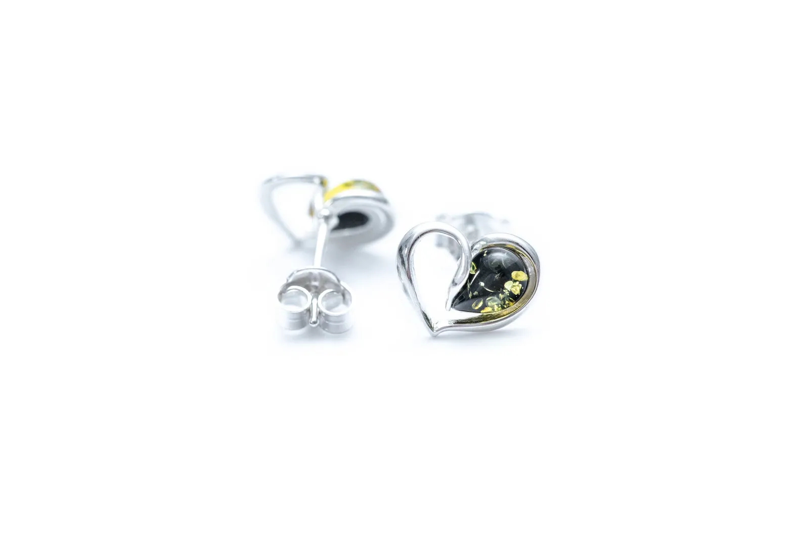 Green Amber Heart Stud Earrings