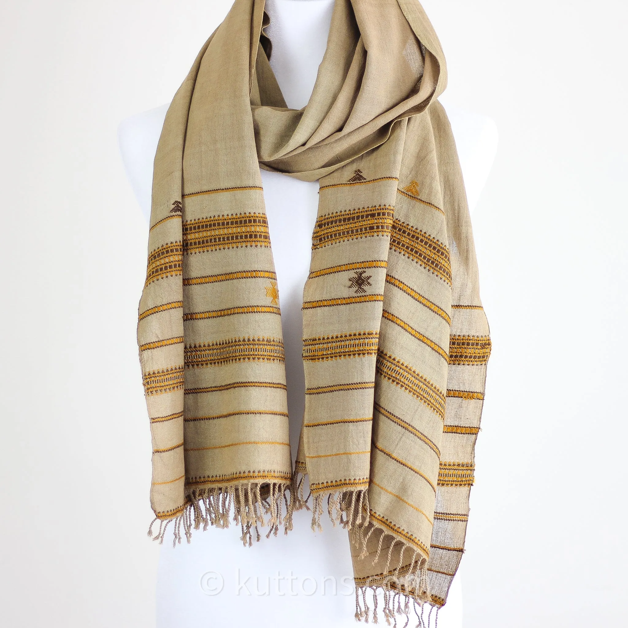 Handwoven Organic Kala Cotton Scarf - Wrap with Tassels | Brown, 23x76"