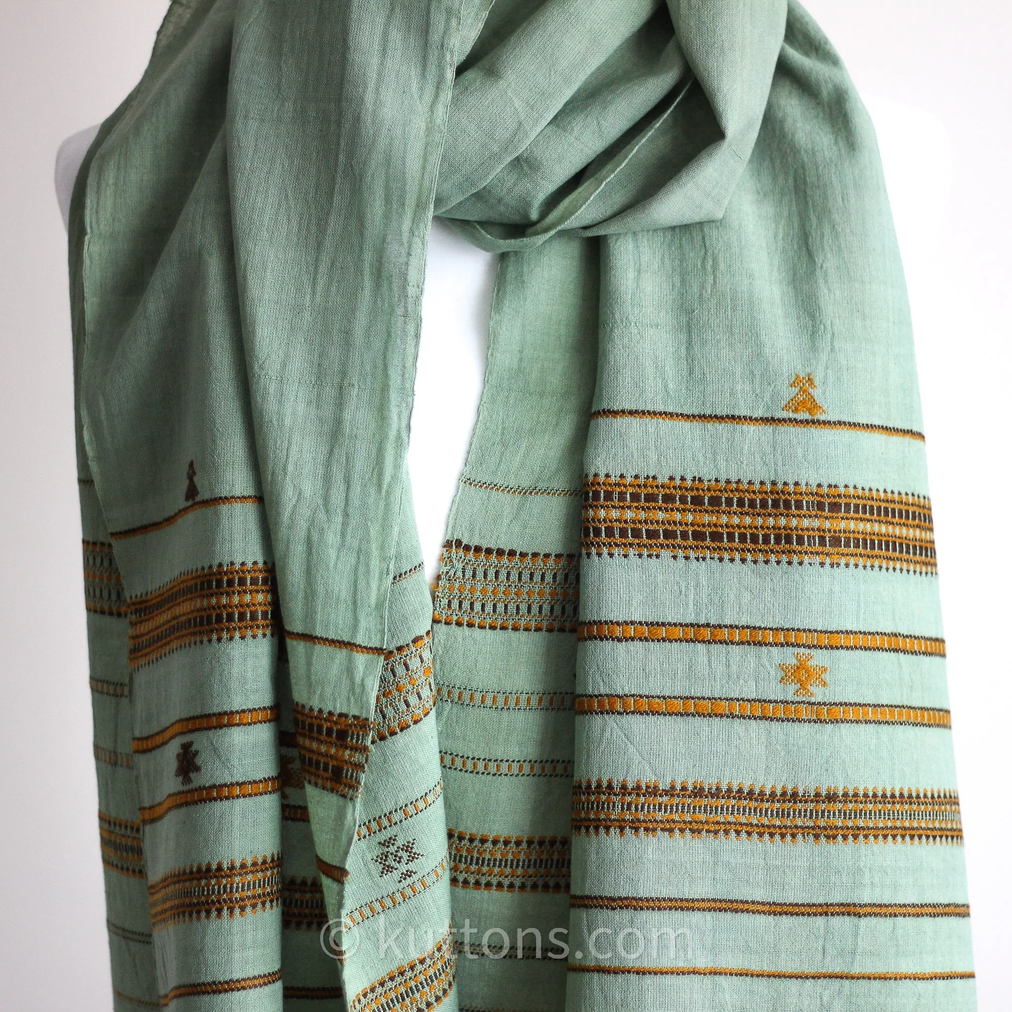 Handwoven Organic Kala Cotton Scarf - Wrap with Tassels | Green, 23x78"