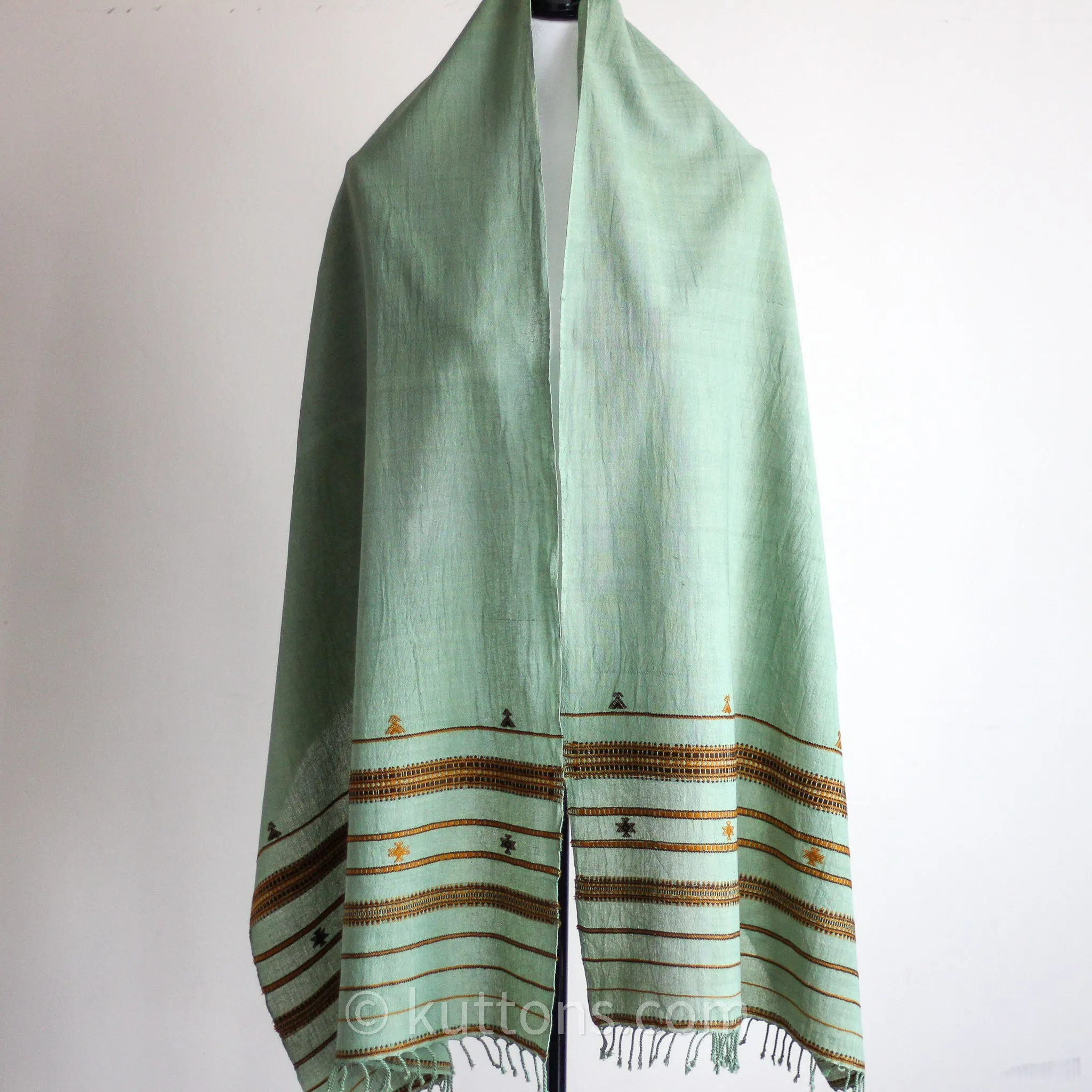 Handwoven Organic Kala Cotton Scarf - Wrap with Tassels | Green, 23x78"