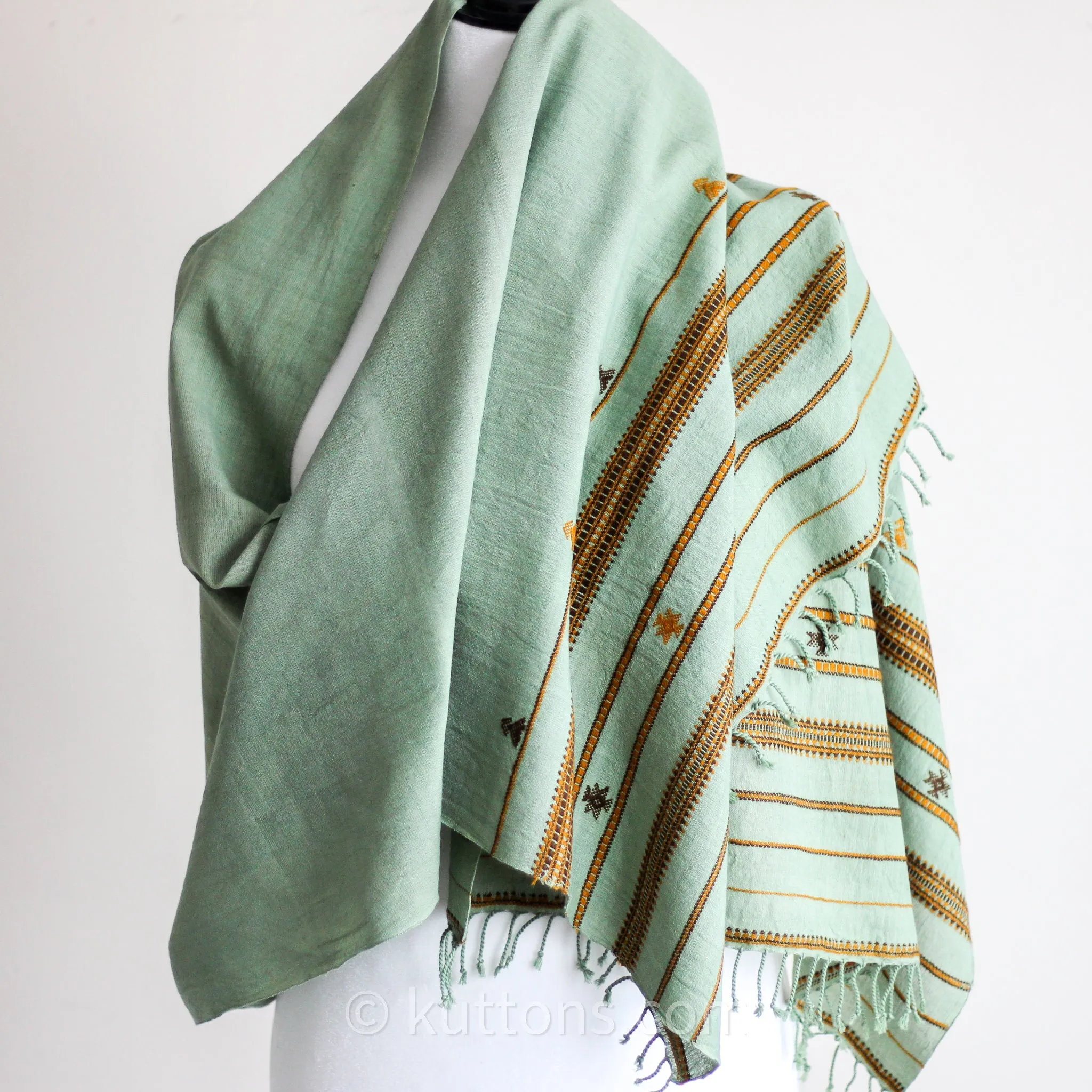 Handwoven Organic Kala Cotton Scarf - Wrap with Tassels | Green, 23x78"