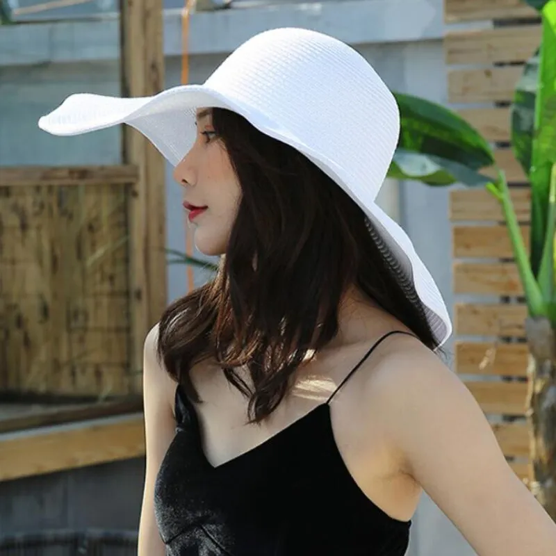 HT3062 Fashion Big Large Wide Brim Hat Solid Plain Floppy Beach Sun Hat Packable Summer Hats for Women Lady Straw Hat Beach Cap