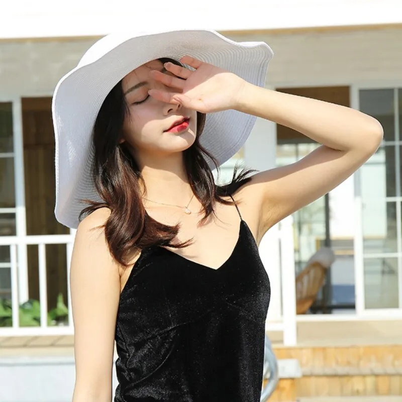 HT3062 Fashion Big Large Wide Brim Hat Solid Plain Floppy Beach Sun Hat Packable Summer Hats for Women Lady Straw Hat Beach Cap