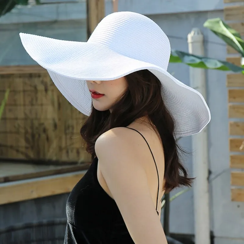 HT3062 Fashion Big Large Wide Brim Hat Solid Plain Floppy Beach Sun Hat Packable Summer Hats for Women Lady Straw Hat Beach Cap