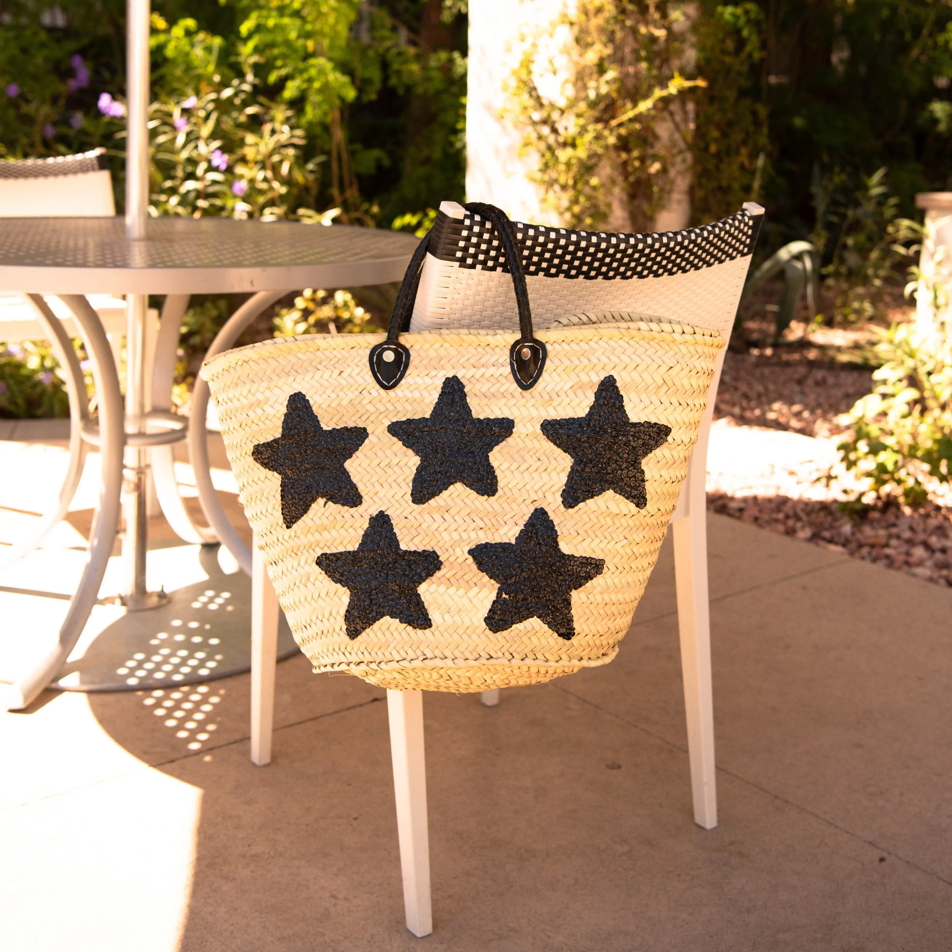 Large Straw Tote with Black Sequin Stars