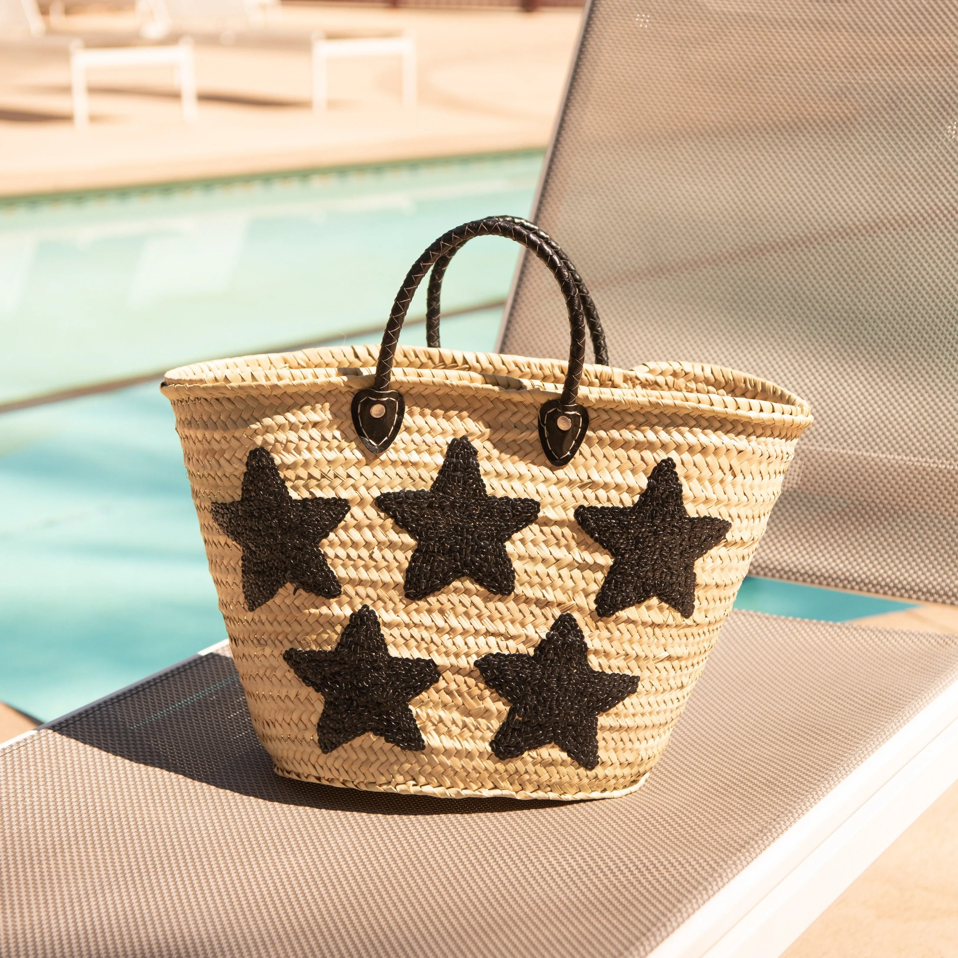 Large Straw Tote with Black Sequin Stars