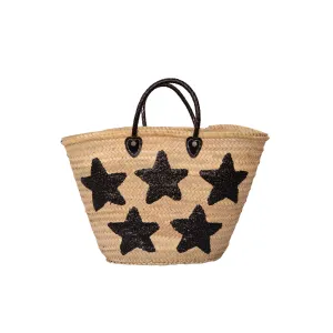 Large Straw Tote with Black Sequin Stars