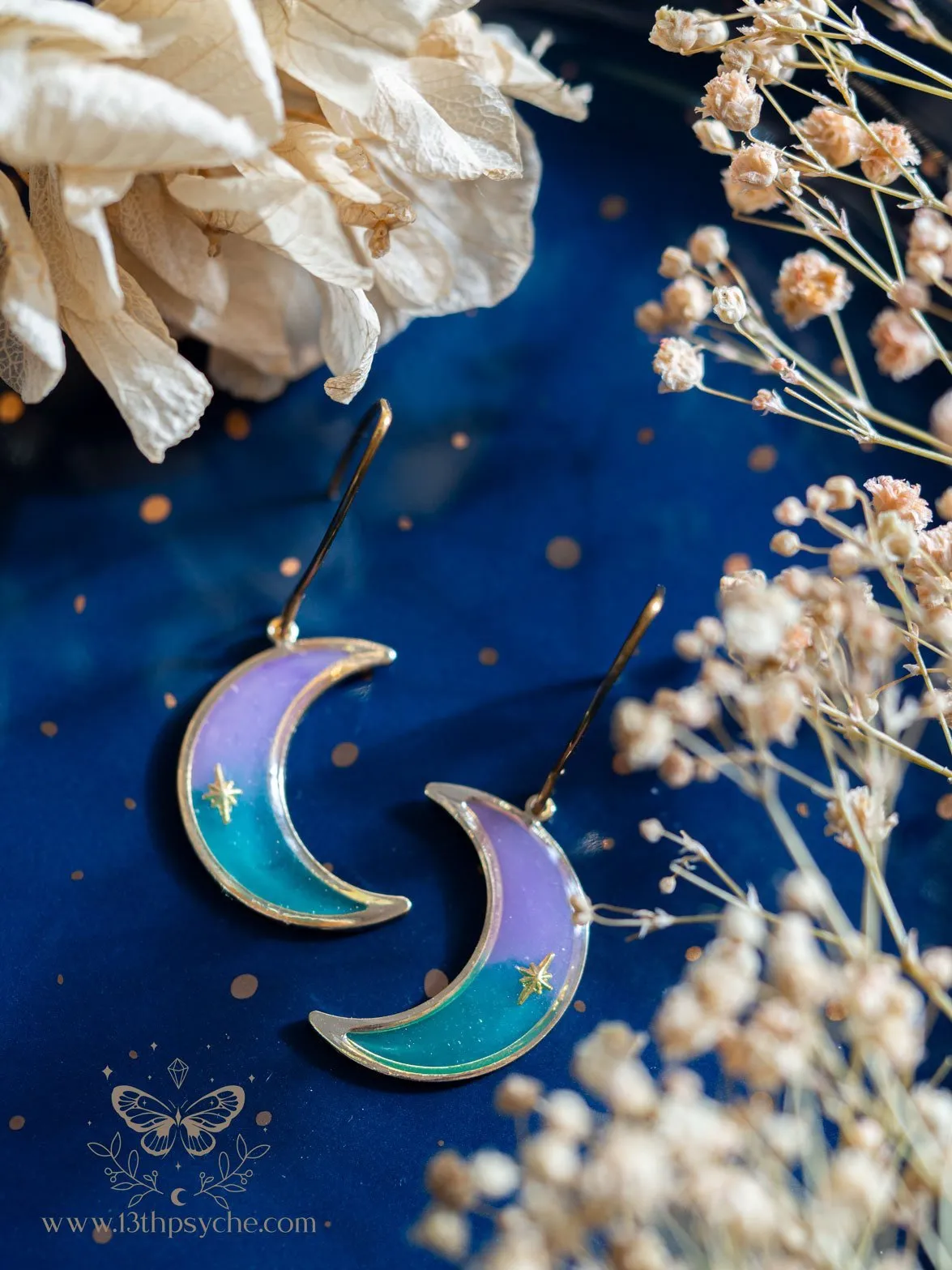 Lilac and turquoise dangle crescent moon earrings