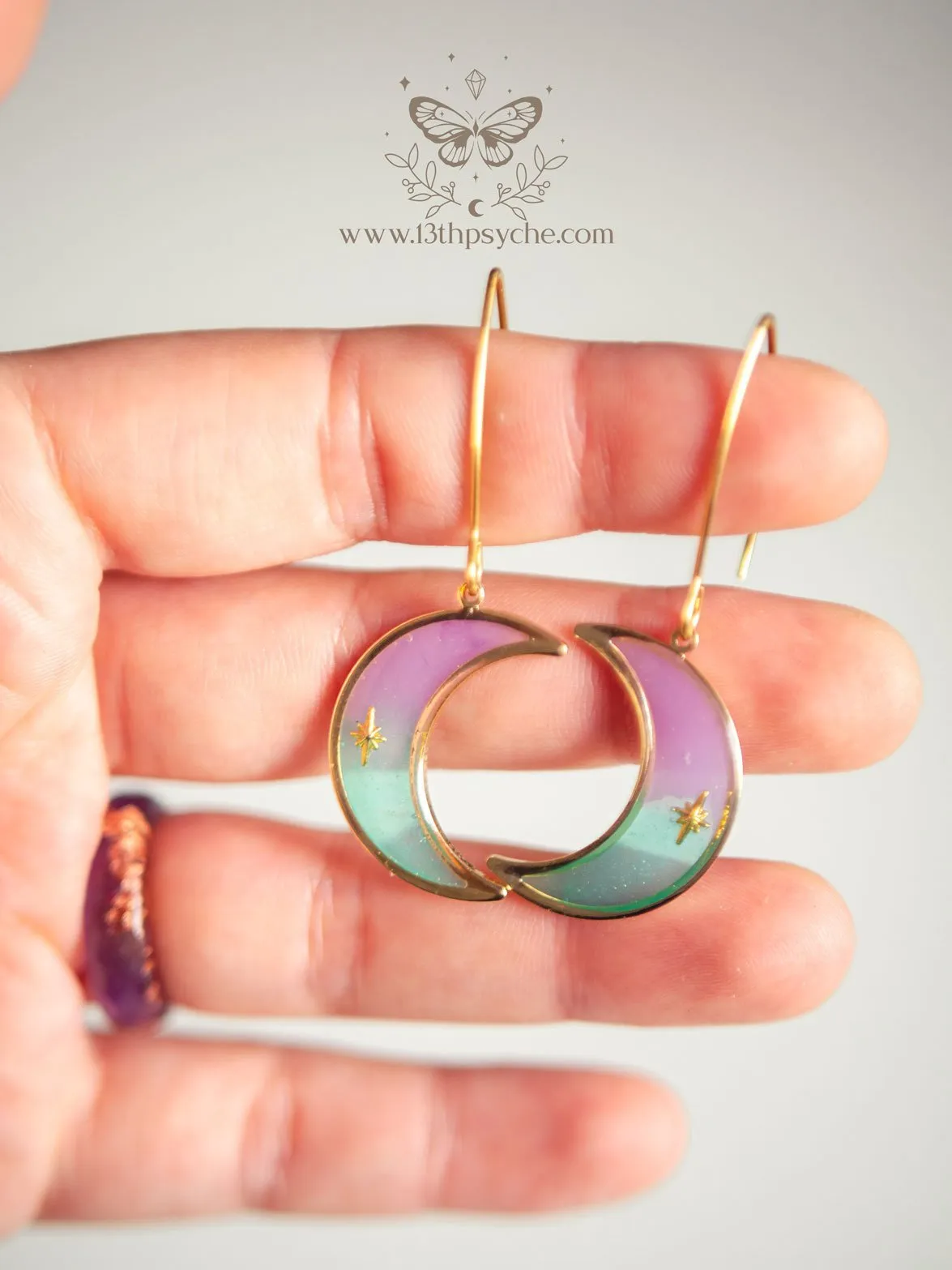 Lilac and turquoise dangle crescent moon earrings