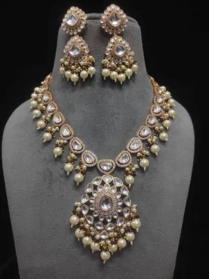 Long Gold Finish Uncut Kundan Polki Necklace Set