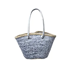 Medium Straw Shoulder Bag with White and Silver Sequins