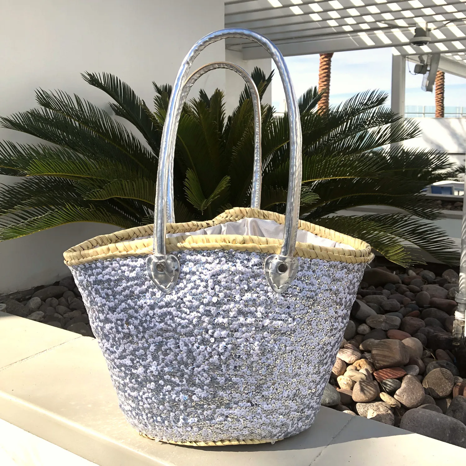 Medium Straw Shoulder Bag with White and Silver Sequins