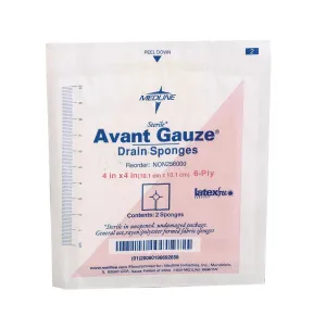 Medline NON256000 Avant Gauze Sterile Drain Sponge 4" x 4" Rayon/Polyester 6Ply Extra Fenestration Highly Absorbant