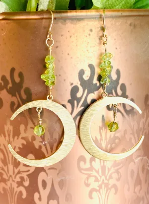 Moon Earrings/Brass Gemstone Moon Earrings/Golden Moon Earrings