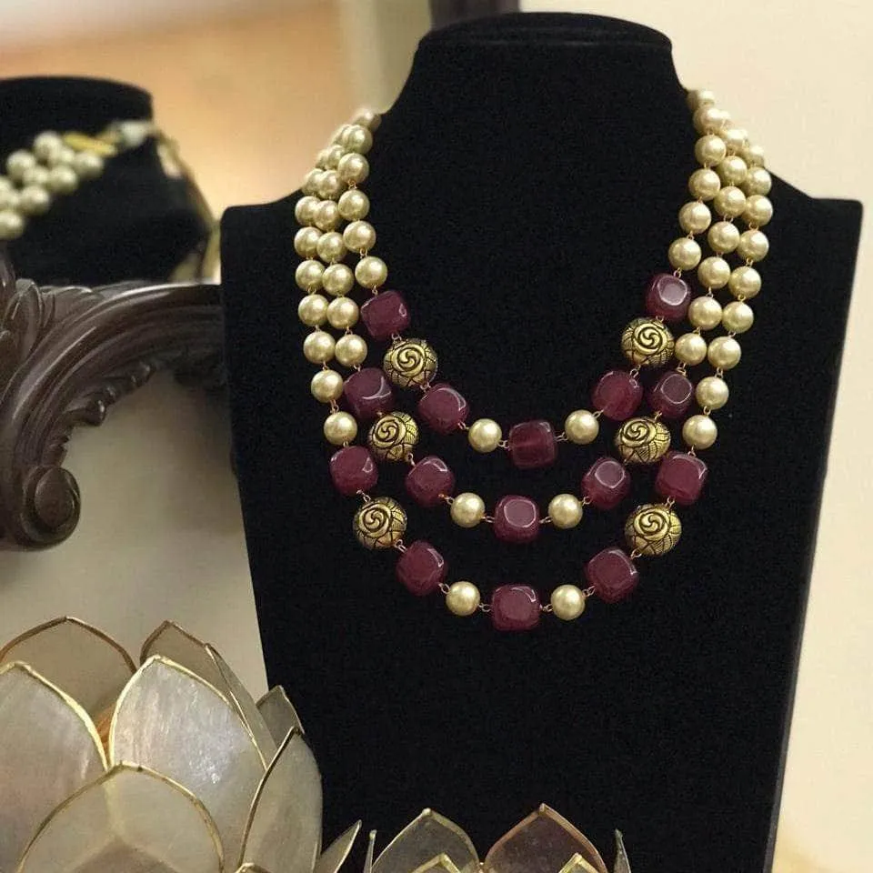 Moti Triple Layered Precious Stone Necklace