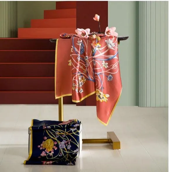 Mulberry Silk Scarf, Square 88cm*88cm, Navy Floral Printed