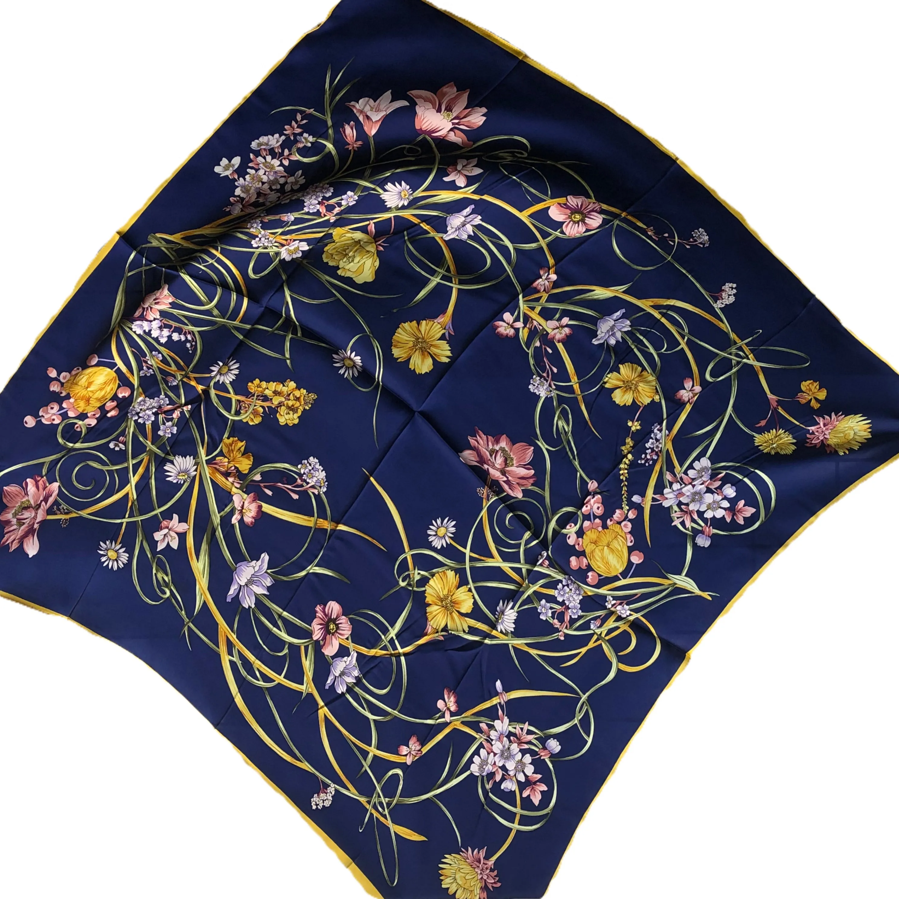 Mulberry Silk Scarf, Square 88cm*88cm, Navy Floral Printed