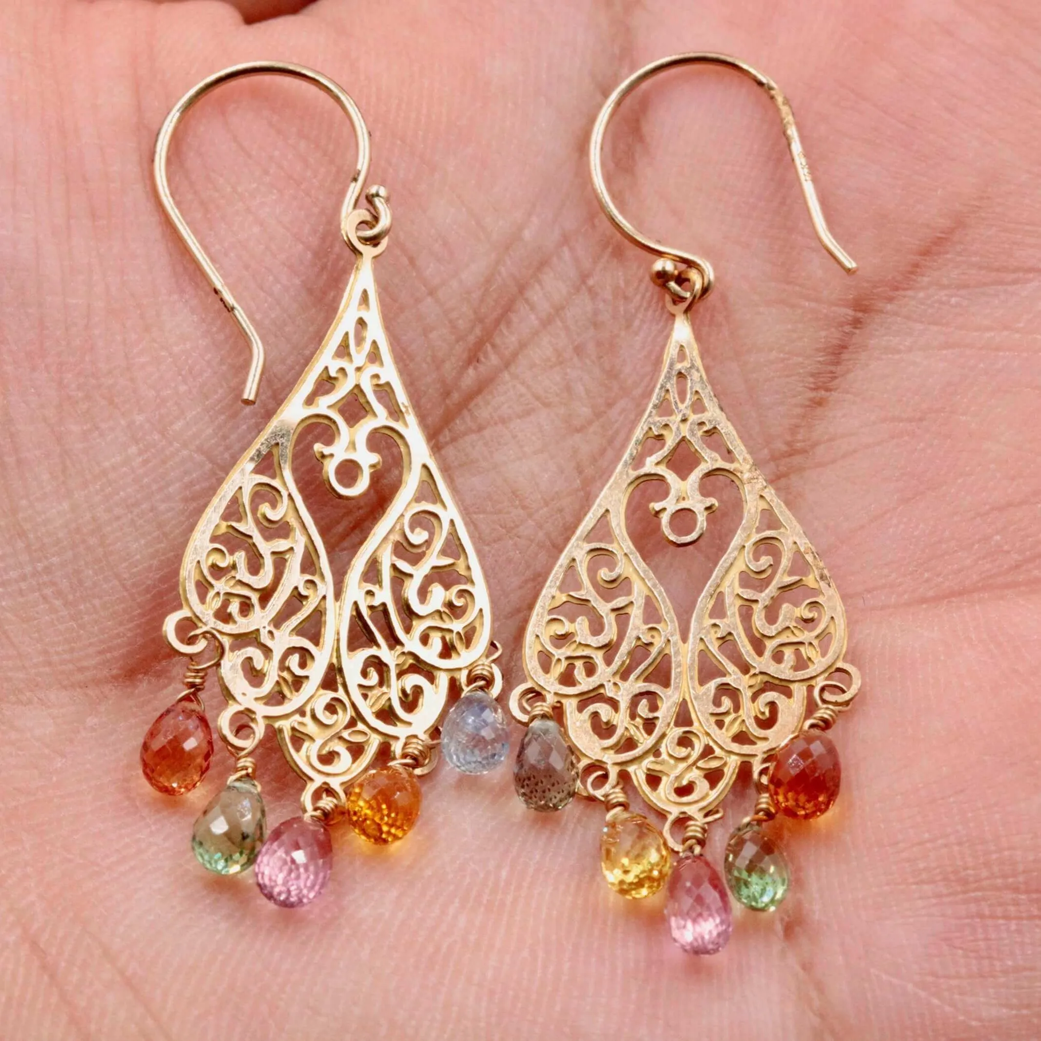 Multi Color Sapphire Earrings 14KY Gold Sapphire Earrings Gemstone Earrings Multi Color Sapphire party earrings Long Drop EarringsSKU:6142203