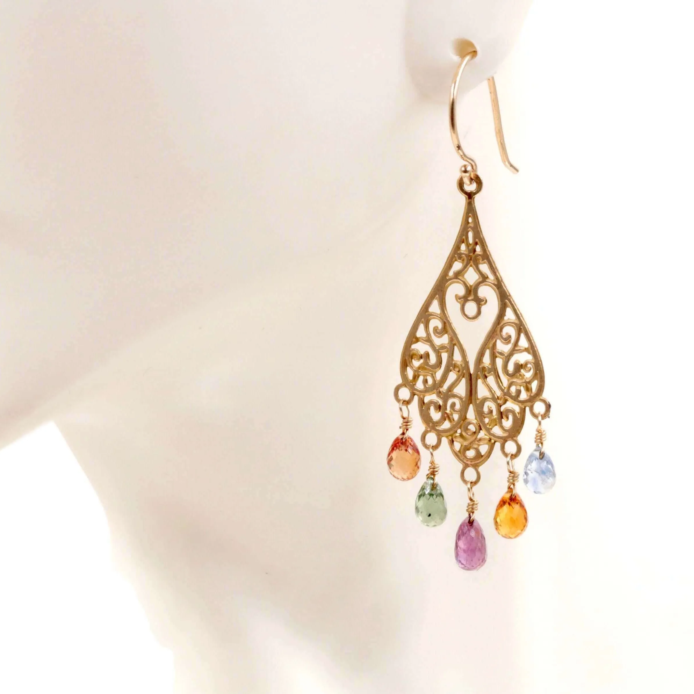 Multi Color Sapphire Earrings 14KY Gold Sapphire Earrings Gemstone Earrings Multi Color Sapphire party earrings Long Drop EarringsSKU:6142203