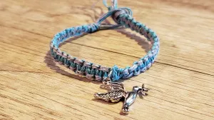 Natural Blue & Gray Dyed Hemp 6.75" Bracelet with Metal Dove Focal