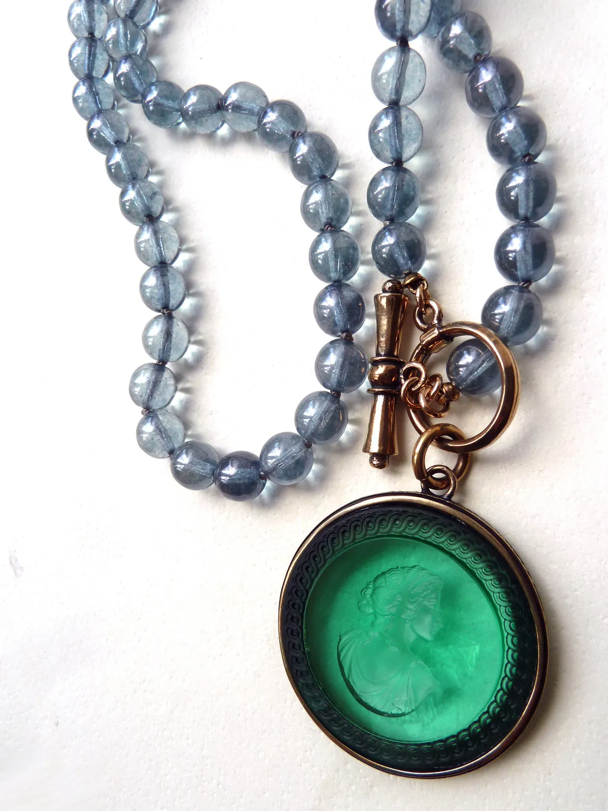 Necklace Intaglio On 30 Inch Glass Bead Deep Green Turquoise