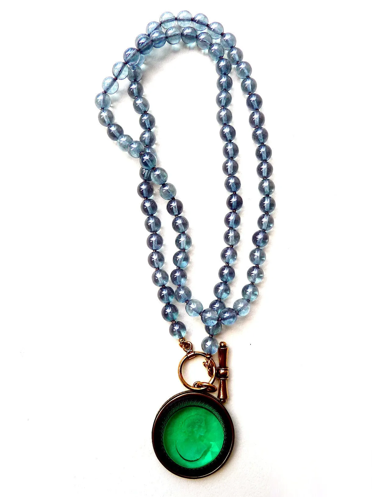 Necklace Intaglio On 30 Inch Glass Bead Deep Green Turquoise